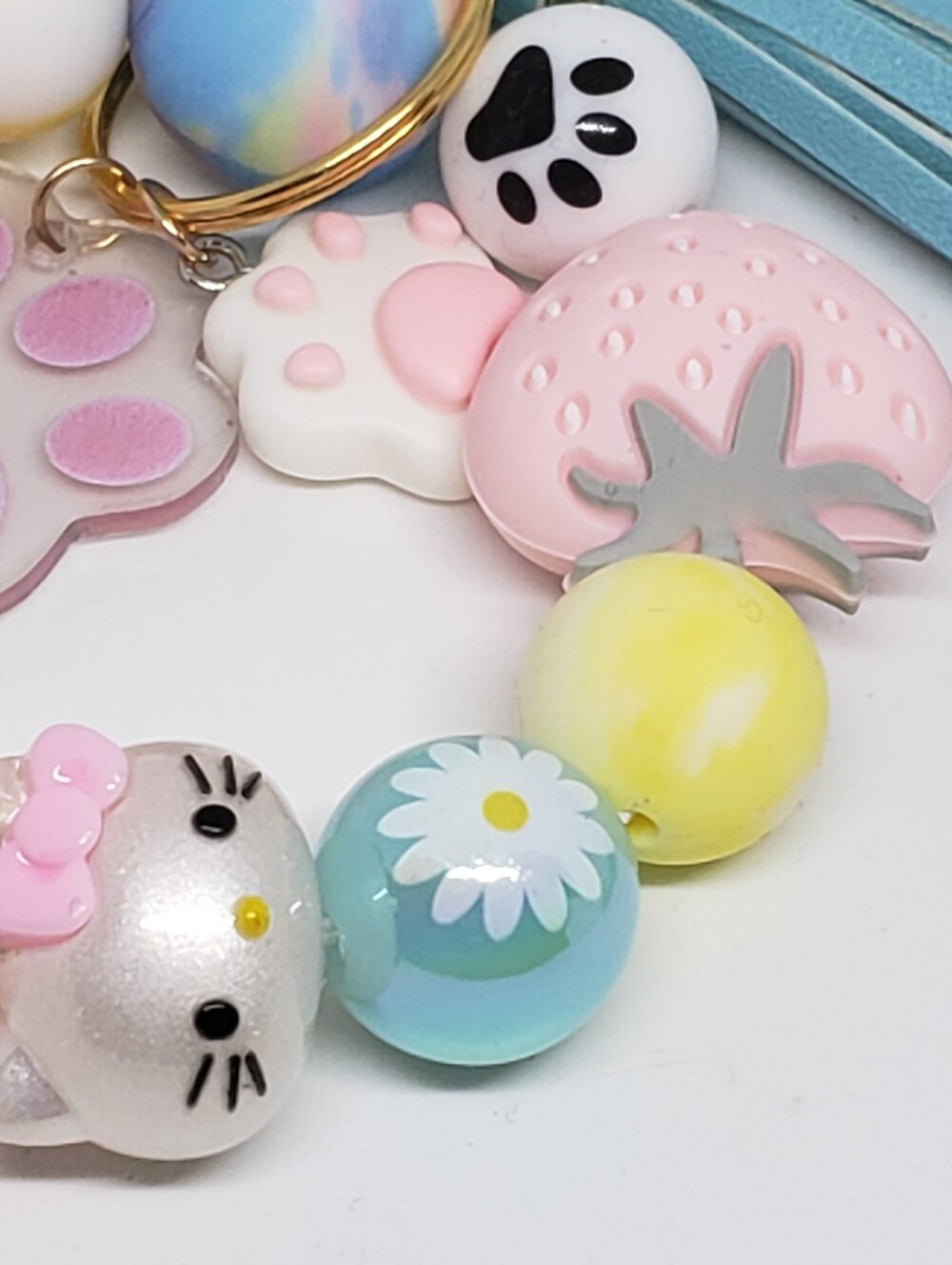 Handmade Silicone Beaded Pastel Kawaii Strawberry Hello Kitty Keychain Wristlet - Picture 4 of 5